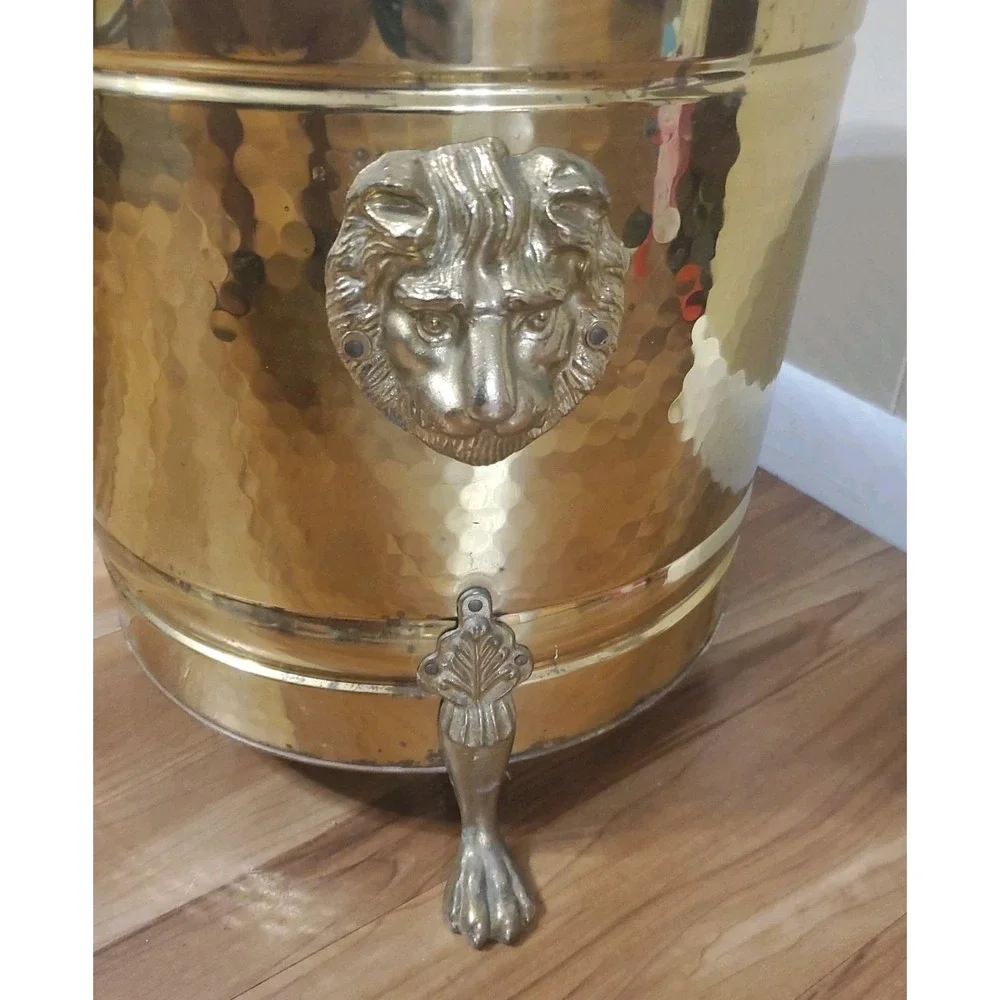 Vintage Brass Lion Head Planter Hollywood Regency Footed Cachepot Plant Pot